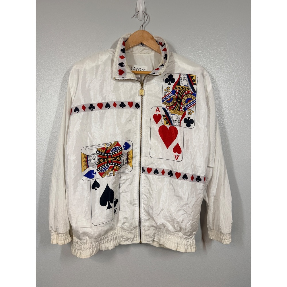 Vintage Nylon Zip Up Poker Lavon Jacket Small King And Queen Cards Ace of Hearts